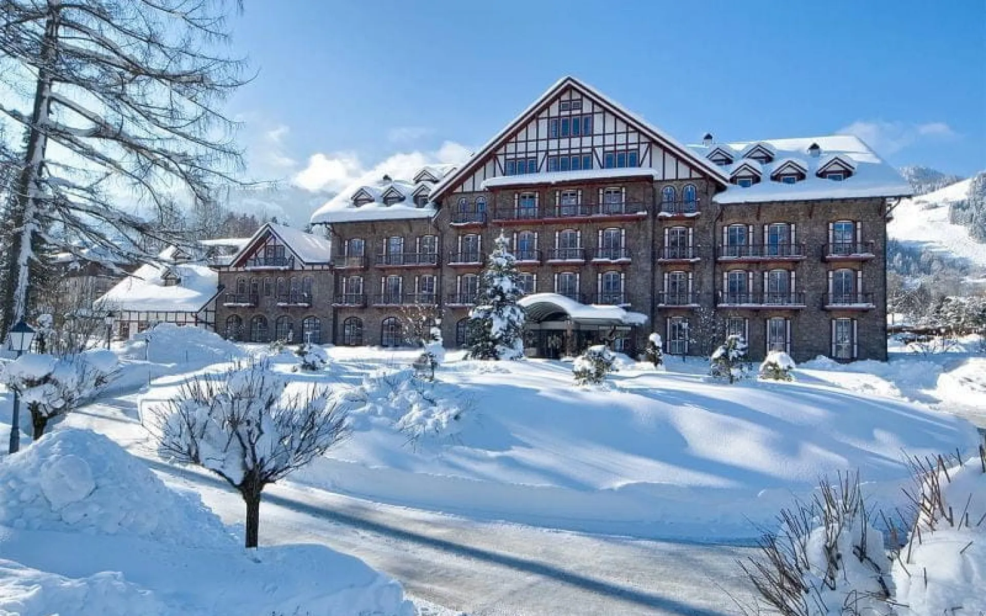 Snow-covered grand hotel with large windows and stylish architecture